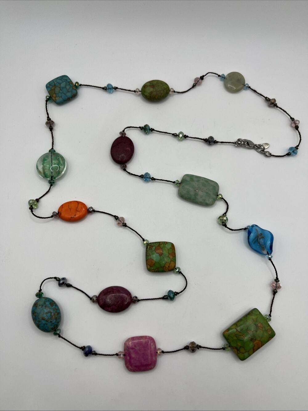 Long Opera Chunky Beaded Station Necklace Colorful AB Rhinestones Art Glass